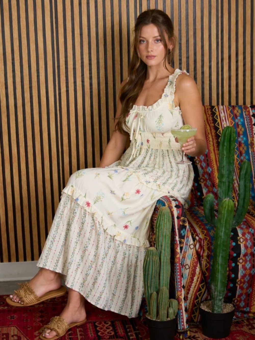 Floral Colorblock Ruffle Tiered Midi Dress Ivory Multi Large NWT - Picture 2 of 8